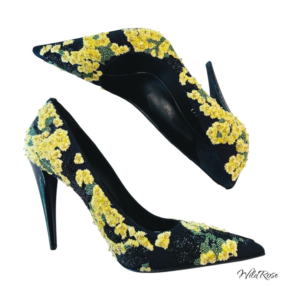VALENTINO GARAVANI Floral Yellow Green Black Beaded & Embroidered Heels SZ 37 - Picture 7 of 17